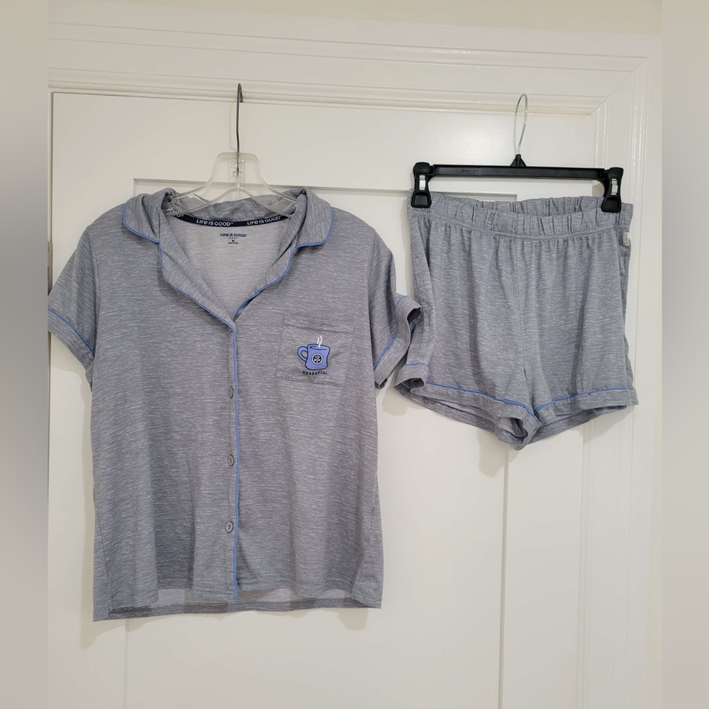 Life Is Good Sleep heather gray button down top / shorts coffee cup pj set (read